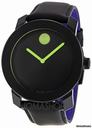 Movado Bold Large Green Accent Black Leather Strap Mens Watch 3600004