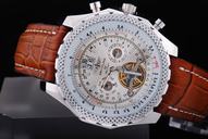 Breitling Bentley Motors Mulliner Tourbillon Beige Dial 49mm Brown Ostrich Leather Strap Mens Watch