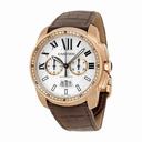 Cartier Calibre de Cartier Silver Dial 18kt Rose Gold Brown Leather Automatic Men's Watch W7100044