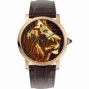 Cartier Rotonde 18k Yellow Gold Straw Marquetry Lion Motif Dial Men's Watch HPI00614