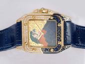 Cartier Santos 100 Only 2009 Mens 18k Gold Bezel Blue Ostrich Leather Strap Watch