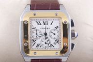 Cartier Santos 100 w20072x7 Mens 18k Gold Bezel Brown Crocodile Leather Strap Watch