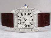 Cartier Santos 100 w20073x8 Brown Crocodile Leather Strap White Dial Square Watch