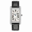 Cartier Tank Americaine Silver Dial 18kt White Gold Diamond Black Leather Men's Watch WB710004