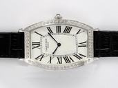 Cartier Tonneau WE400251 Black Cow Leather Strap White Dial Stainless Steel with Diamond Bezel Watch