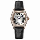 Cartier Tortue Silver Dial 18kt Rose Gold black Leather Diamond Ladies Watch WA507031