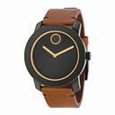 Movado Bold Black Dial Orange-toned Hands Brown Leather Band Men's Quartz Watch 3600274