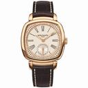 Patek Philippe Silver Dial 18kt Rose Gold Diamond Brown Leather Ladies Watch 7041R