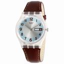 Swatch Blue Conker Grey Dial Brown Leather Men's Watch GE704