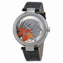 Versace Mystique Silver Hibiscus Dial Black Leather Ladies Watch 19Q99D1HI-S009