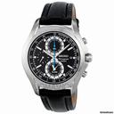 Seiko Black Dial Chronograph Black Leather Strap Mens Watch SNAE85