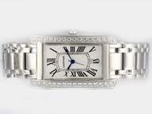 Cartier Tank WB7073L1 Silver Stainless Steel Strap Diamond Bezel White Dial Watch