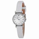 Emporio Armani Retro Silver Dial White Leather Strap Ladies Watch AR1686