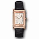 Jaeger LeCoultre Grande Reverso Silver Dial 18kt Rose Gold Black Leather Ladies Watch Q3202421