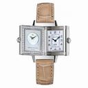Jaeger LeCoultre Reverso Duetto Silver Dial 18kt White Gold Beige Alligator Ladies Watch Q2663403