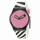Swatch When-Ever Pink Dial Black and White Striped Silicone Unisex Watch GB284