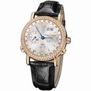 Ulysse Nardin GMT Perpetual Silver Dial Diamond Bezel 18kt Rose Gold Black Leather Men's Watch 326-28