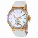 Ulysse Nardin Marine Chronometer Automatic  Mother of Pearl Diamond DIal 18kt Rose Gold White Leather Ladies Watch 266-66B-991