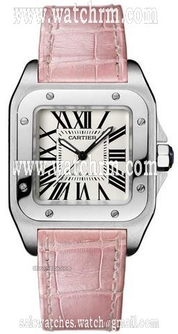 Cartier SANTOS 100 MM - MIDSIZE STAINLESS STEEL w/ PINK CROCO STRAP
