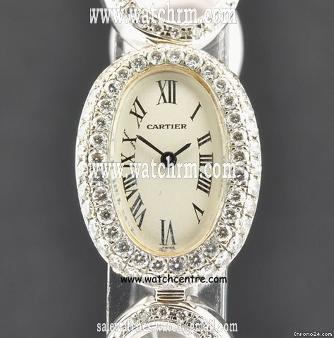 Cartier 18k W/G Silver Dial Fully Diamond Loaded Ladies Baignoire