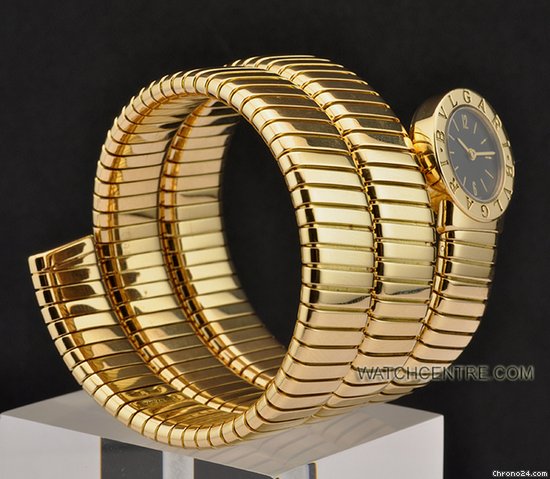 replica Bulgari 18k Y/G Black Dial Ladies Snake Tubogas B&P BB191T WATCHES 1 