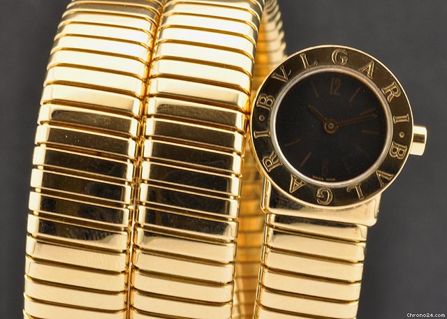 Bulgari 18k Y/G Black Dial Ladies Snake Tubogas B&P BB191T