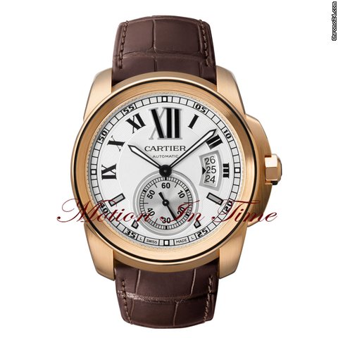 Cartier NEW CALIBRE DE CARTIER MENS ROSE GOLD SILVER ON BROWN
