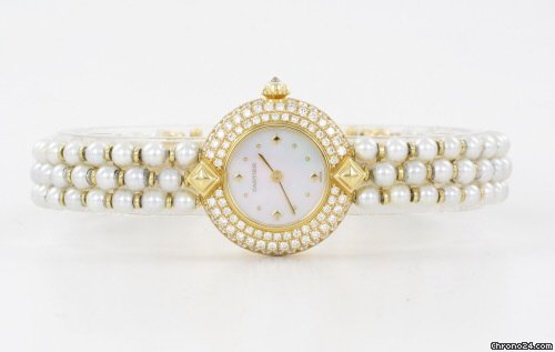 Cartier 18k Gelbgold Damenuhr mit Diamanten & Perlen