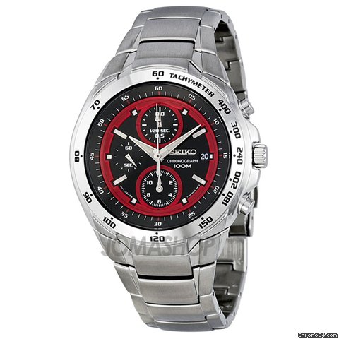 Seiko Black and Red Dial Chronograph Stainless Steel Mens Watch SND701