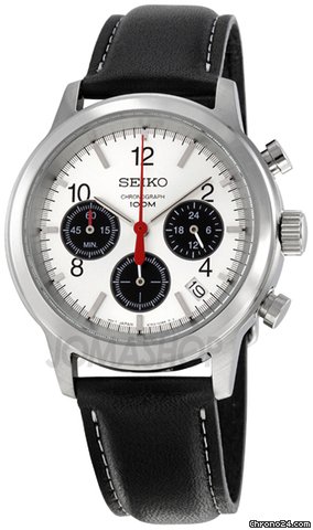 Seiko Silver Dial Black Leather Strap Chronograph GMT Mens Watch SSB003P2