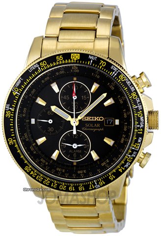 Seiko Flight Black Dial Gold Tone Stainless Steel Mens Watch SSC008