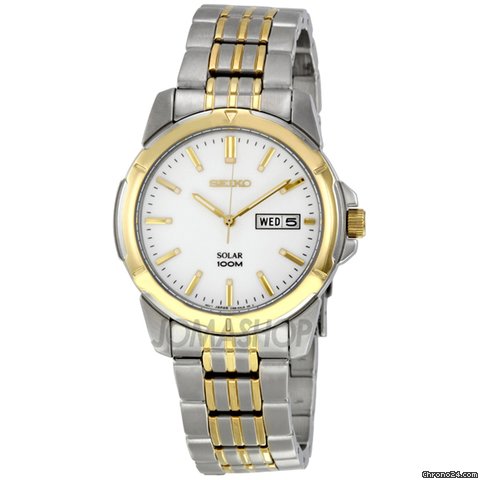 Seiko Solar Two-tone Stainless Steel White Dial Mens Watch SNE094
