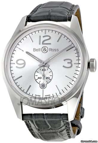 Bell & Ross Vintage Officer Silver Dial Grey Alligator Strap Automatic Mens Watch BR123-OFFICER-SIL