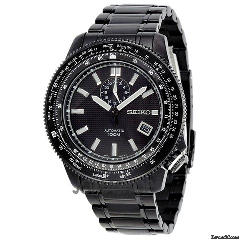Seiko Black Dial GMT Tachymeter Black PVD Stainless Steel Mens Watch SSA007