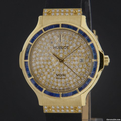 Hublot Yellow Gold Classic Elegant Pave Diamond Sapphire Watch 1392