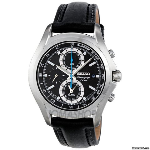 Seiko Black Dial Chronograph Black Leather Strap Mens Watch SNAE85