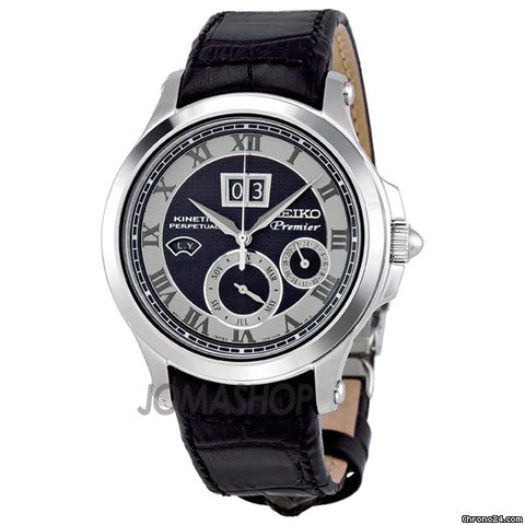 Seiko Premier Black Stainless Steel Leather Hybrid Mens Watch SNP049