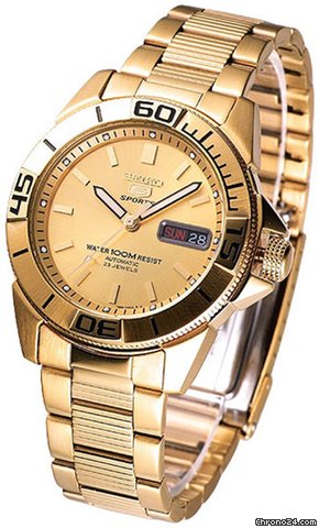 Seiko 5 Sports Gold Dial Stainless Steel Mens Watch SNZE14