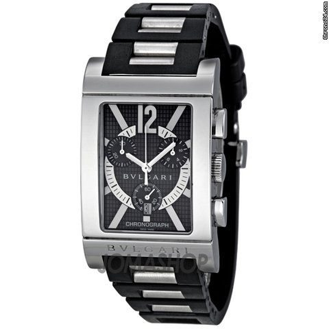 Bulgari Rettangolo Black Dial Rubber/Stainless Steel Mens Watch RTC49BRSVD