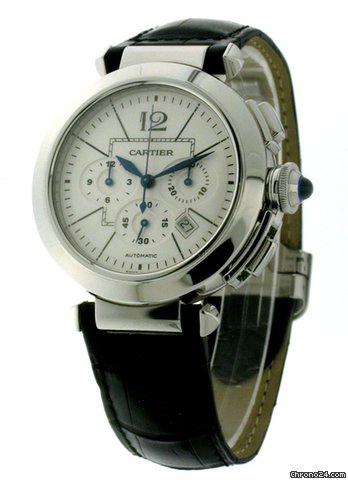 Cartier Pasha 42mm Chronograph Mens steel leder W3108555