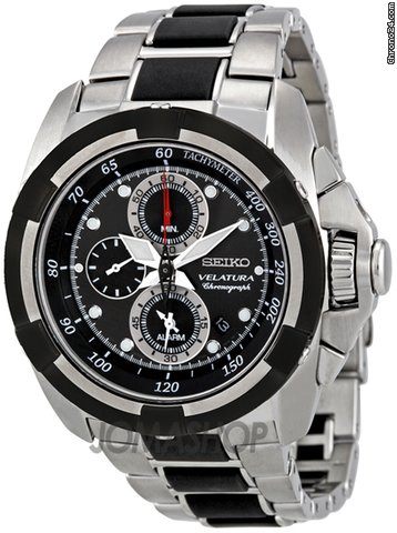 Seiko Velatura Black Dial Chronograph Stainless Steel Mens Watch SNAA93
