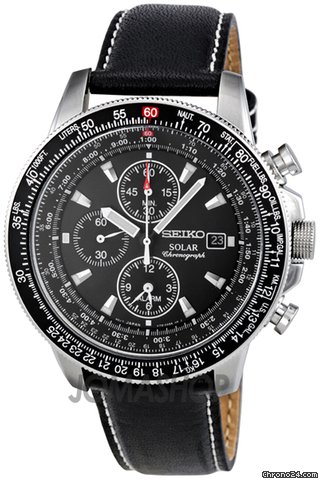 Seiko Flight Black Dial Chronograph Leather Strap Mens Watch SSC009P3
