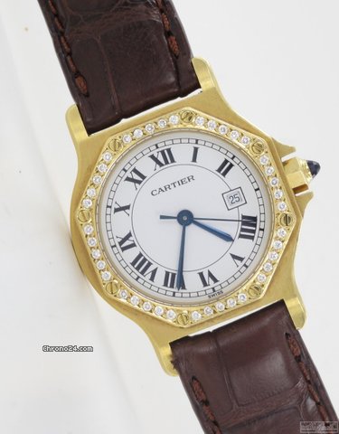 Cartier Santos Oktogonale 18k Gelbgold mit Lederband Diamanten