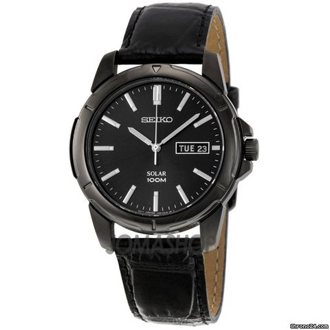 Seiko Black Dial Black Leather Band Solar Mens Watch SNE097