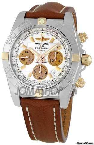 Breitling Chronomat 44 Silver Dial Brown Leather Strap Chronograph Mens Watch I
