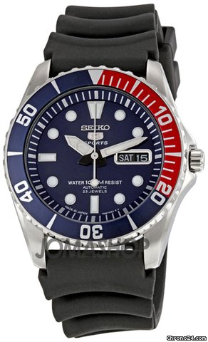 Seiko 5 Sports Automatic Blue Dial Red Bezel Black Strap Mens Watch SNZF15J2