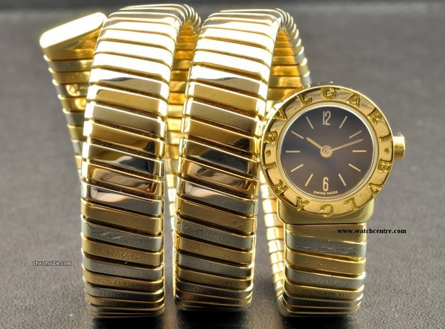 Bulgari 18k W/G & Y/G Black Dial Ladies Snake Tubogas BB191T