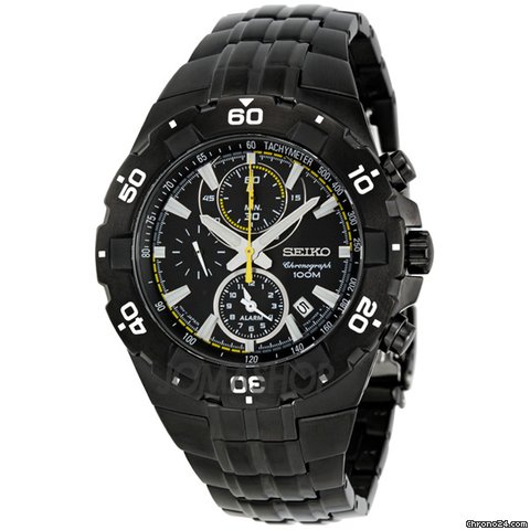 Seiko Stainless Steel Black Dial Chronograph Alarm Mens Watch SNAD37