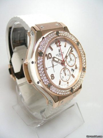 replica Hublot Big Bang 44mm chronographe or rose gold/rubber lunette full diamants/diamonds bezel cadran blanc/white dial WATCHES 1 
