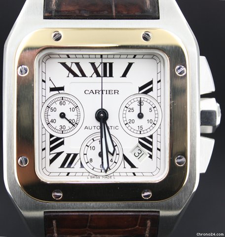 Cartier Santos 100 XL Chronograph Bi-Color Croco strap white dial